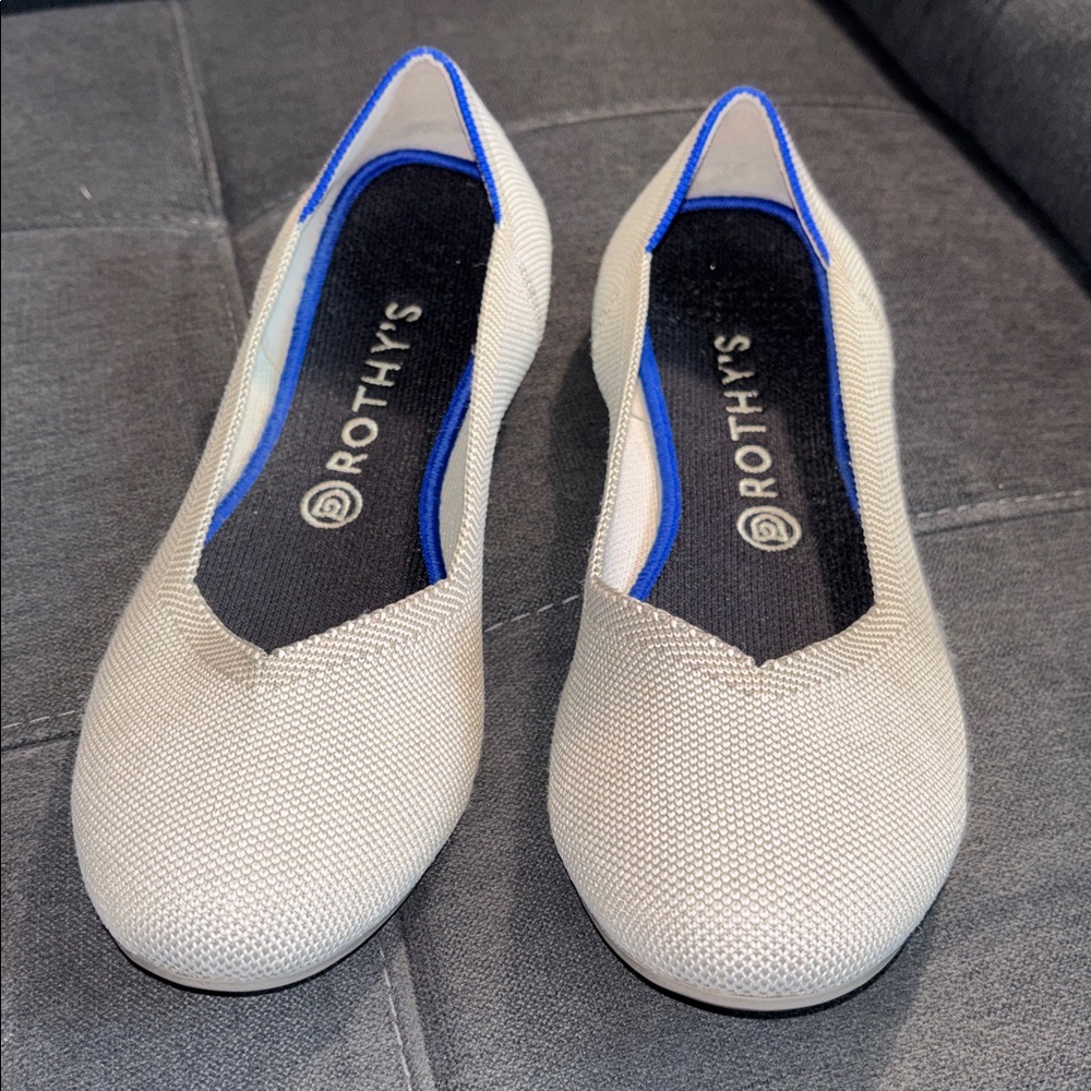 Rothy's Cream Knit Flats with Blue Trim